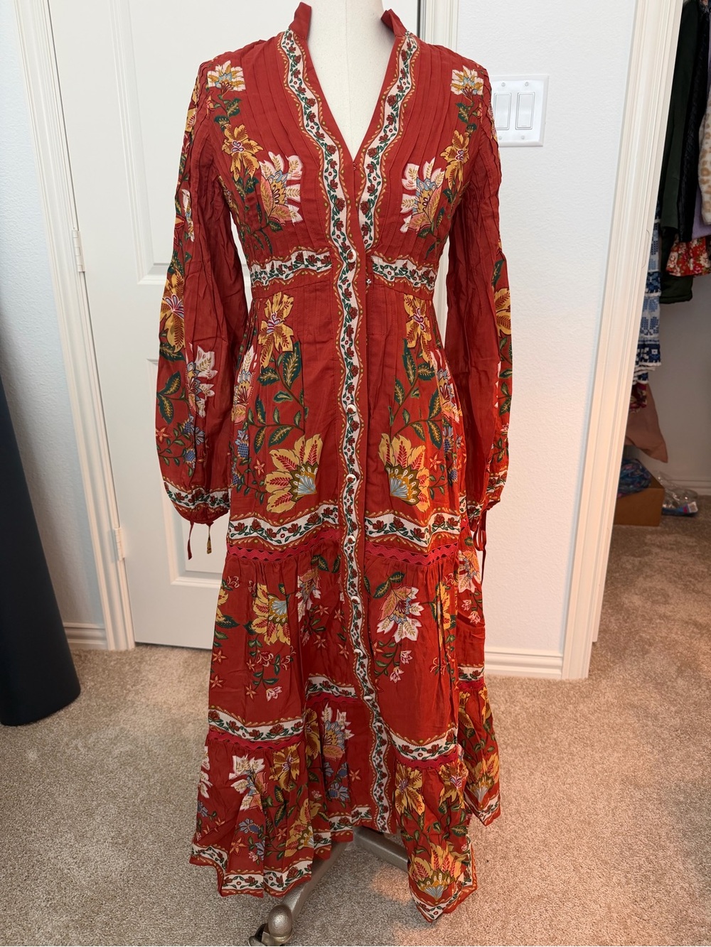 FARM Rio Rust Red Floral Embroidered Tiered Maxi Dress - Picture 5 of 9